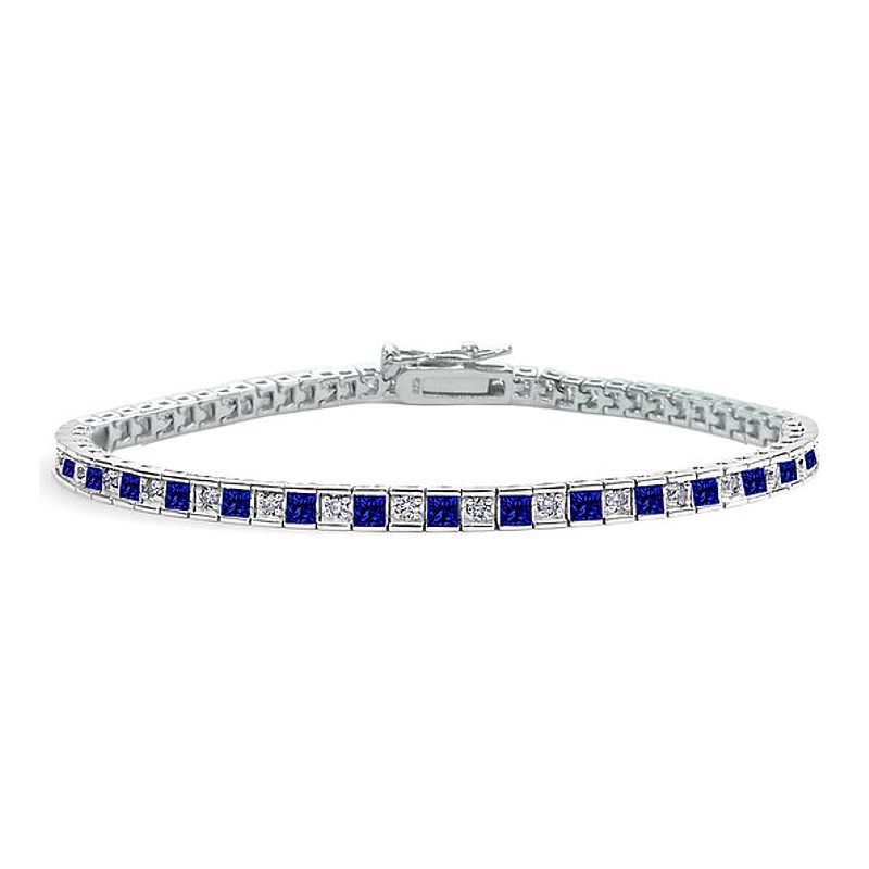Narrow Tennis Bracelet in Princess-cut Blue and Clear CZs - Click Image to Close